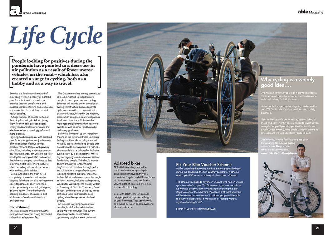 Picture of an Able Magazine article about cycling.